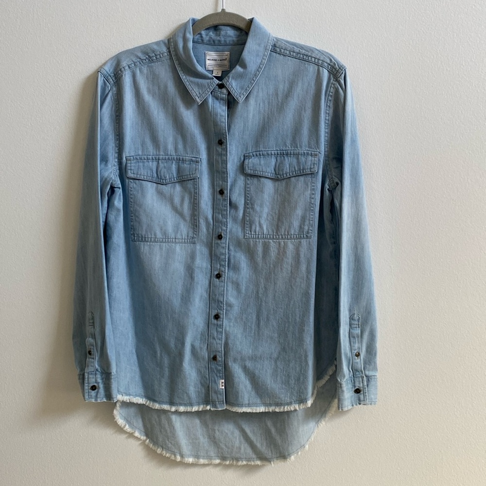 Melrose and Market Denim Button Down Shirt with Frayed Hi Lo Hem